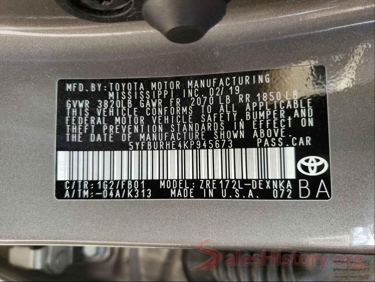 5YFBURHE4KP945673 2019 TOYOTA COROLLA