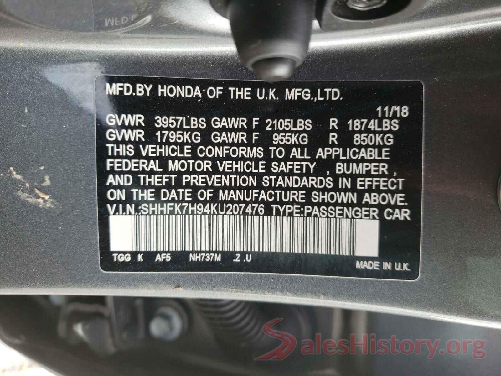 SHHFK7H94KU207476 2019 HONDA CIVIC