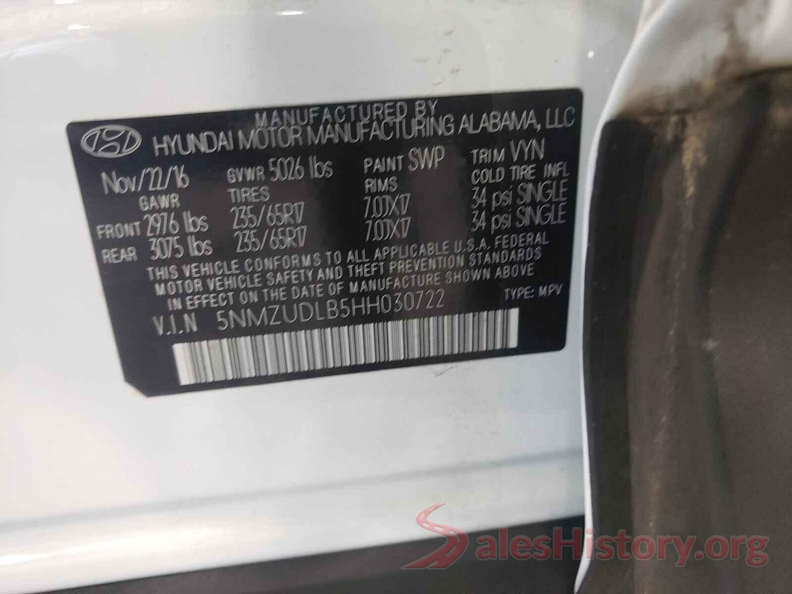 5NMZUDLB5HH030722 2017 HYUNDAI SANTA FE