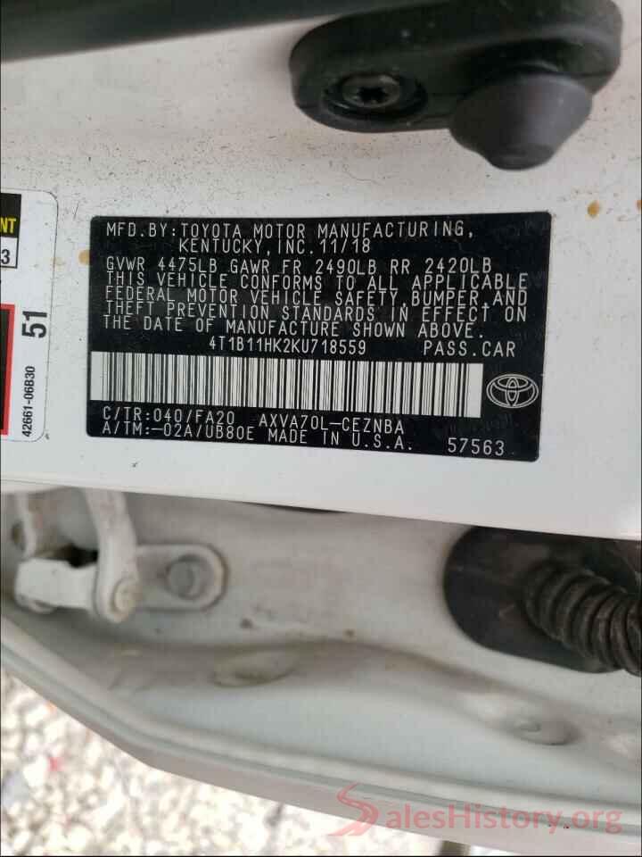 4T1B11HK2KU718559 2019 TOYOTA CAMRY