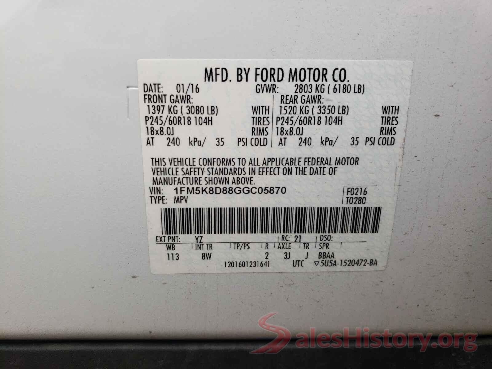 1FM5K8D88GGC05870 2016 FORD EXPLORER