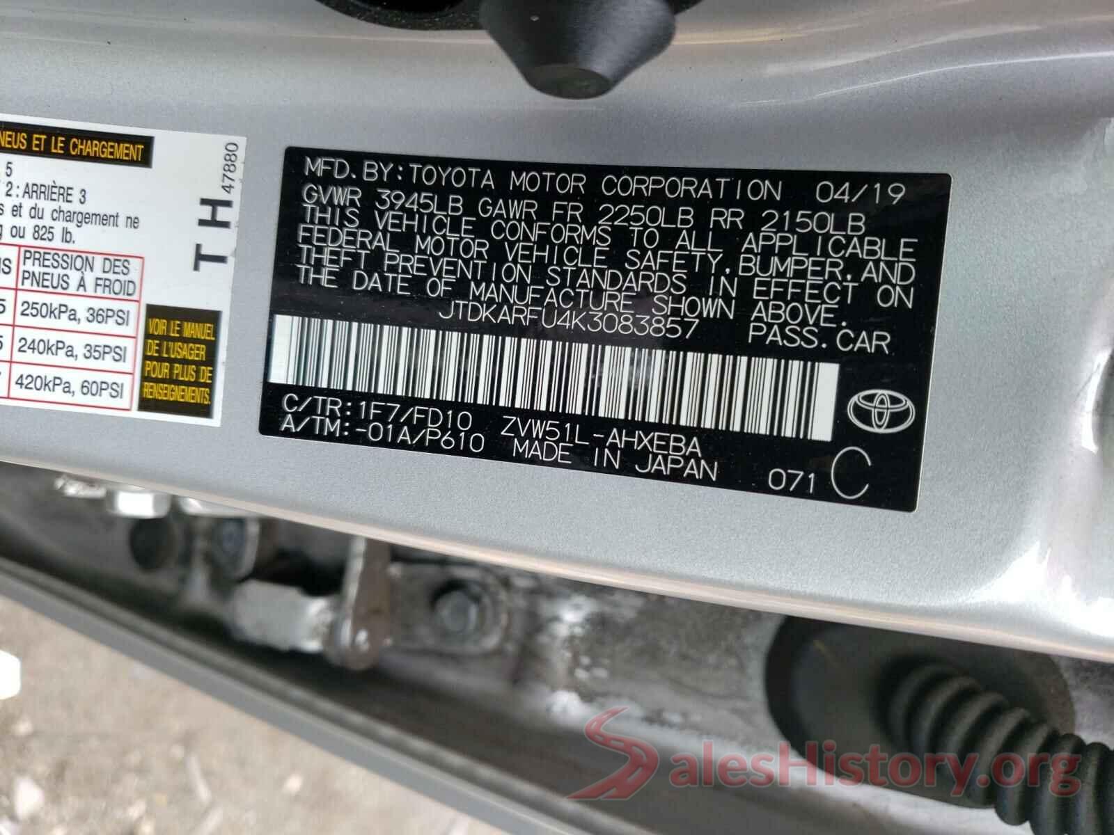 JTDKARFU4K3083857 2019 TOYOTA PRIUS