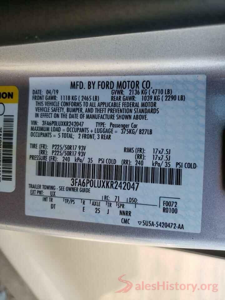 3FA6P0LUXKR242047 2019 FORD FUSION