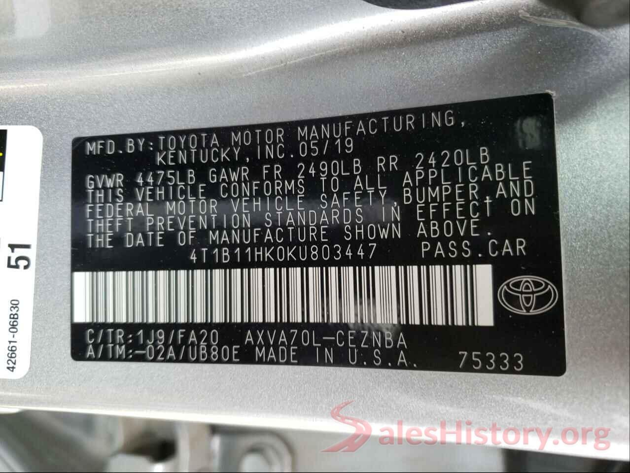 4T1B11HK0KU803447 2019 TOYOTA CAMRY