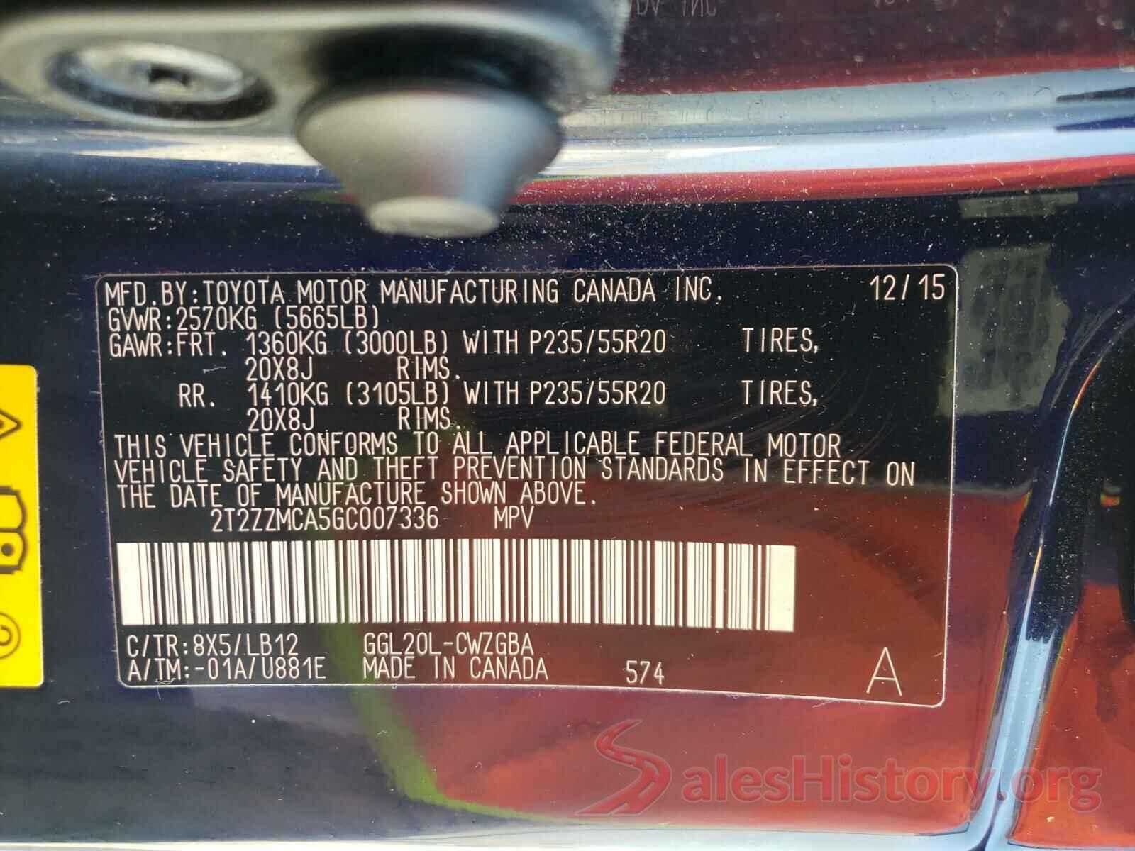 2T2ZZMCA5GC007336 2016 LEXUS RX350