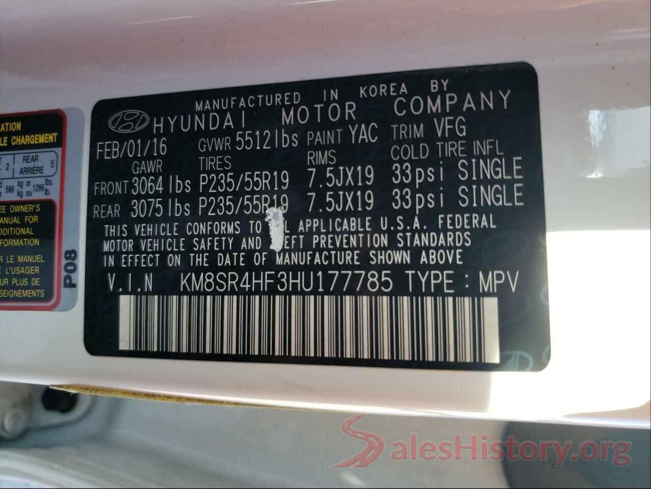 KM8SR4HF3HU177785 2017 HYUNDAI SANTA FE