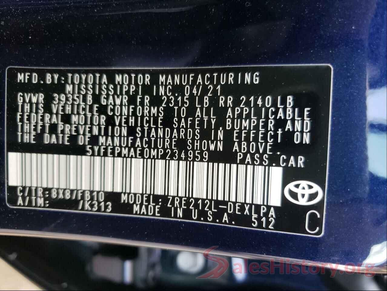 5YFEPMAE0MP234959 2021 TOYOTA COROLLA