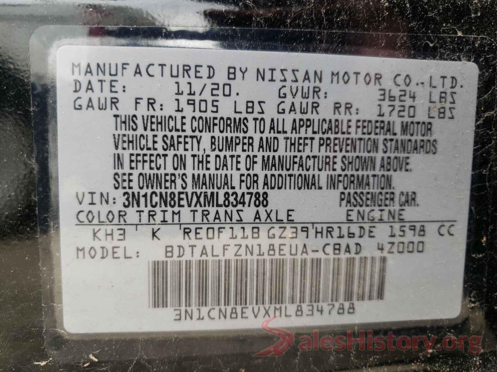 3N1CN8EVXML834788 2021 NISSAN VERSA