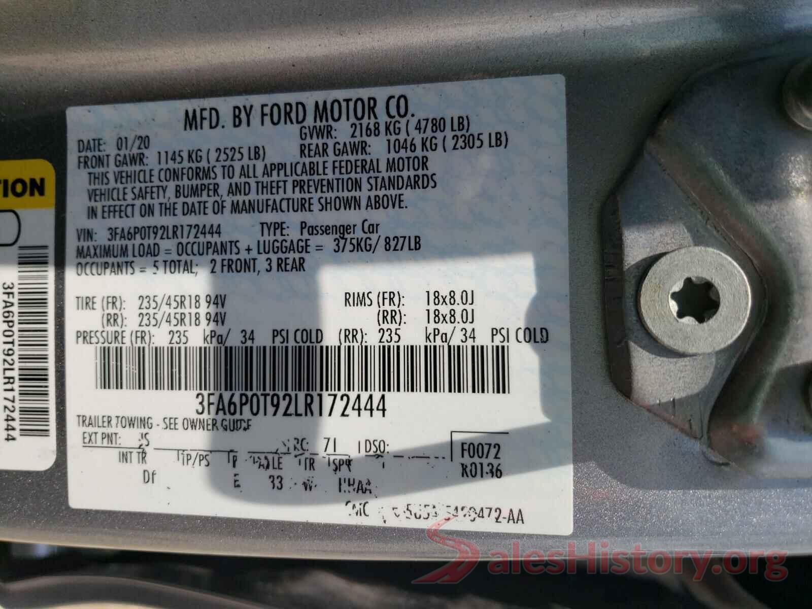 3FA6P0T92LR172444 2020 FORD FUSION