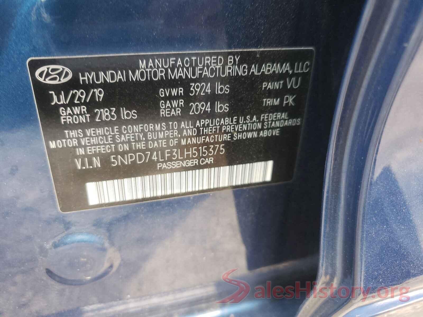 5NPD74LF3LH515375 2020 HYUNDAI ELANTRA