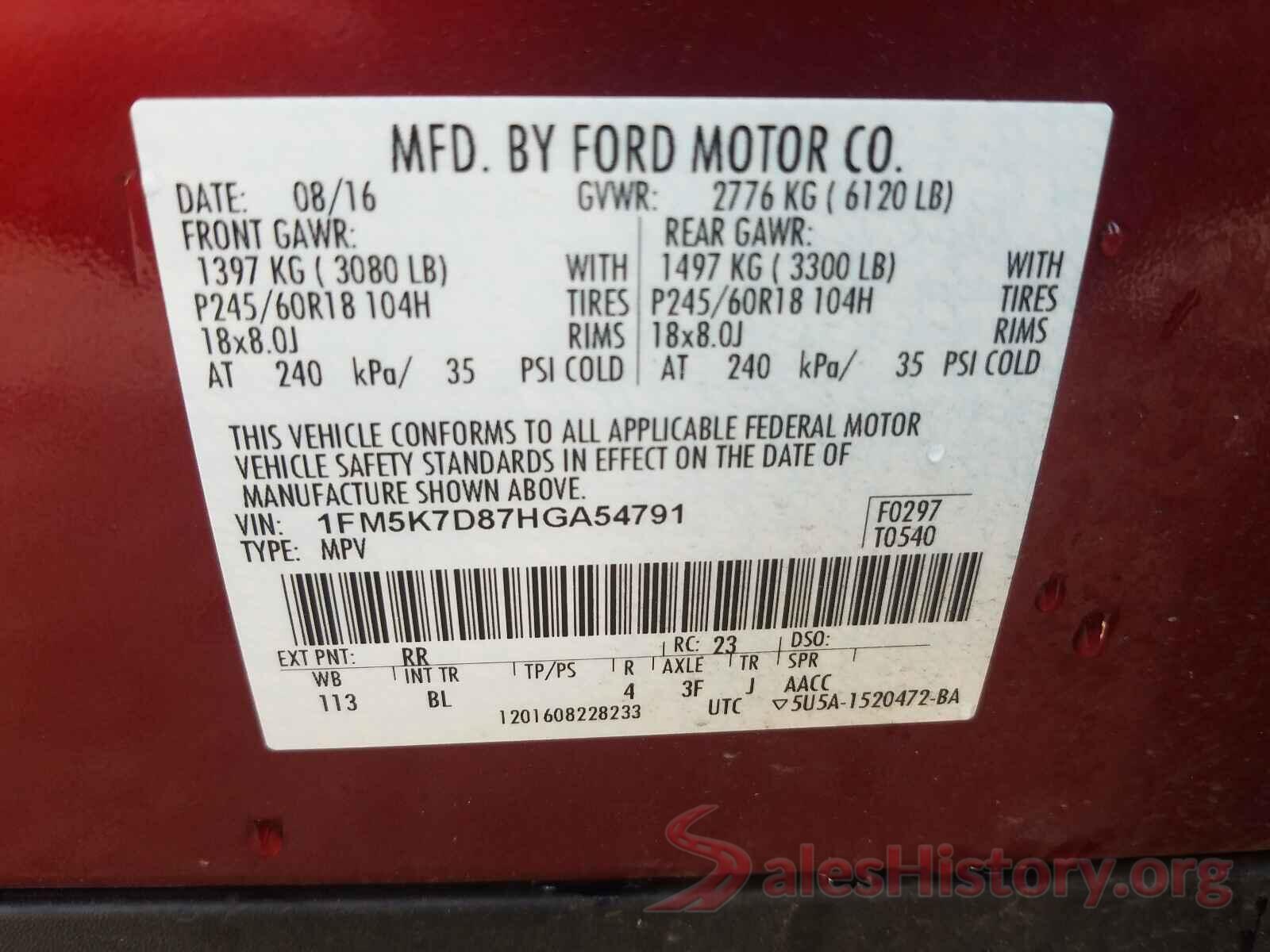 1FM5K7D87HGA54791 2017 FORD EXPLORER