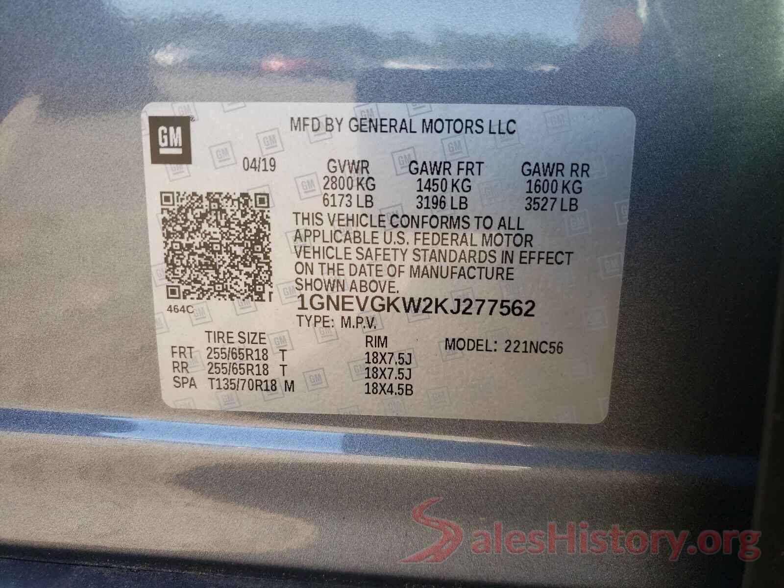 1GNEVGKW2KJ277562 2019 CHEVROLET TRAVERSE