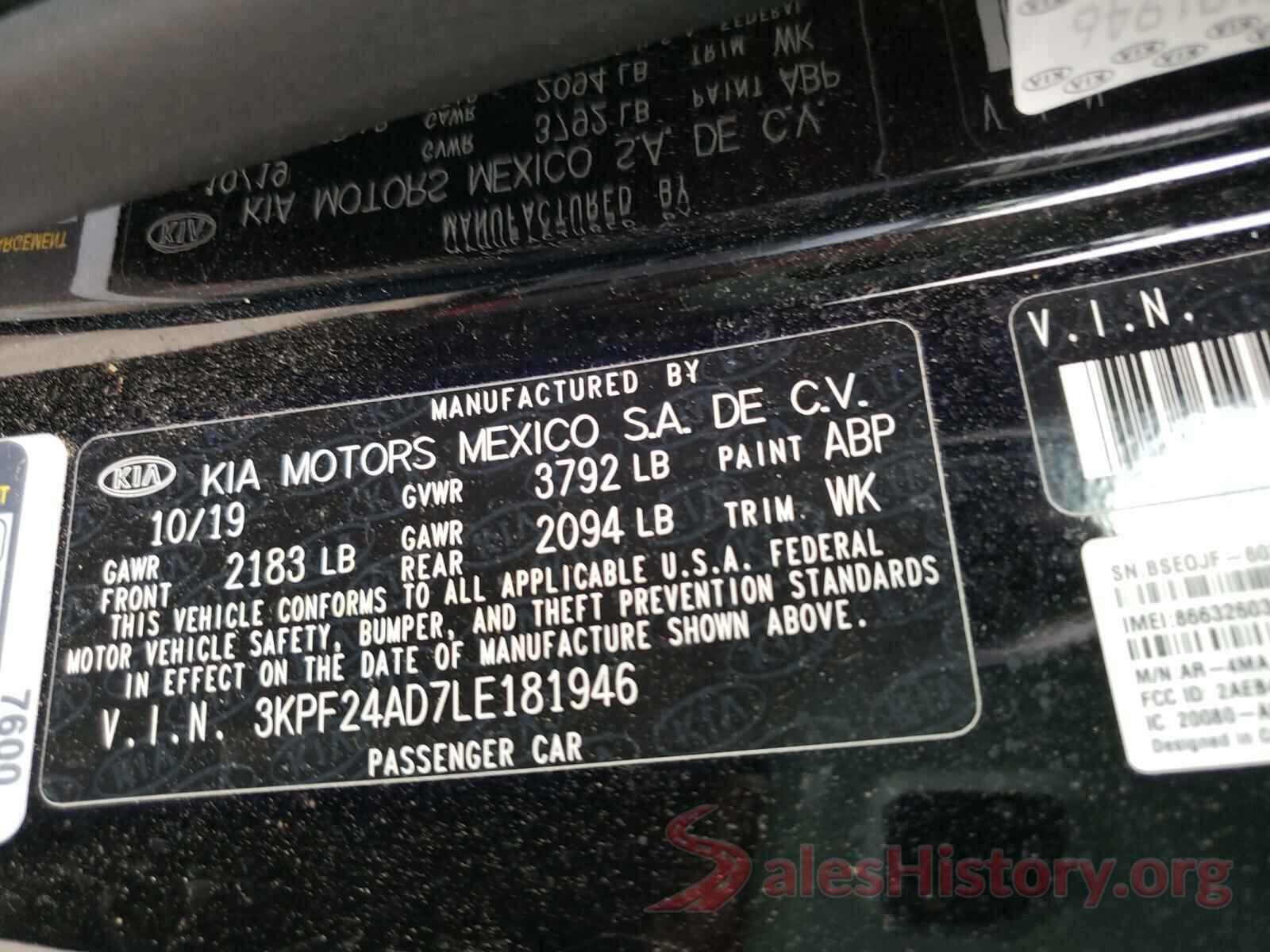 3KPF24AD7LE181946 2020 KIA FORTE