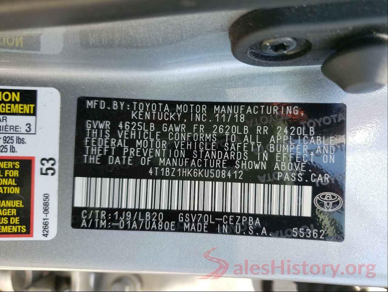 4T1BZ1HK6KU508412 2019 TOYOTA CAMRY