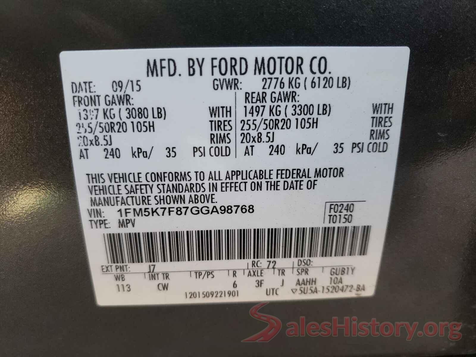 1FM5K7F87GGA98768 2016 FORD EXPLORER