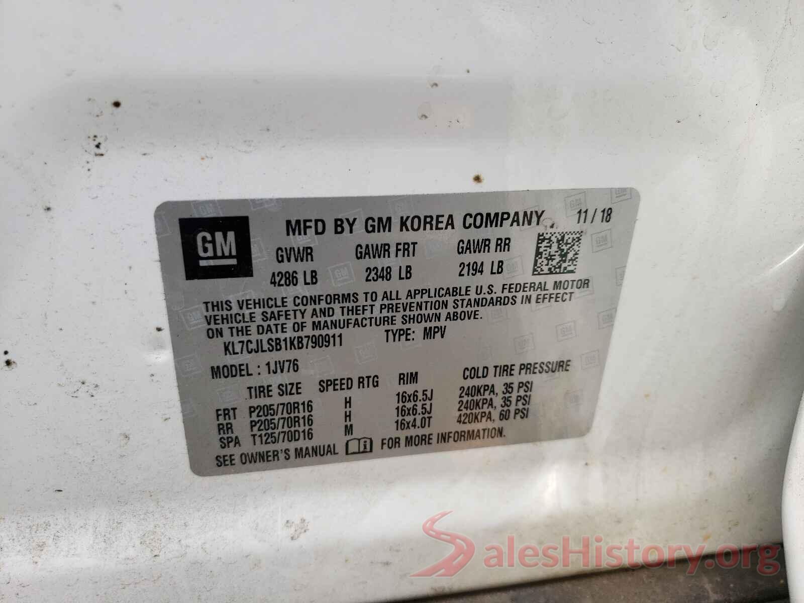 KL7CJLSB1KB790911 2019 CHEVROLET TRAX