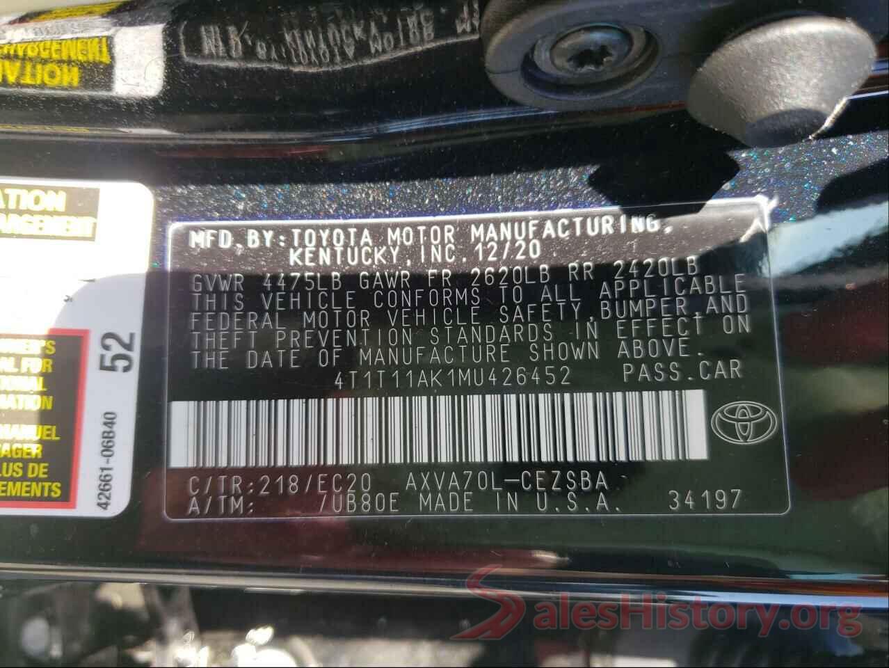 4T1T11AK1MU426452 2021 TOYOTA CAMRY