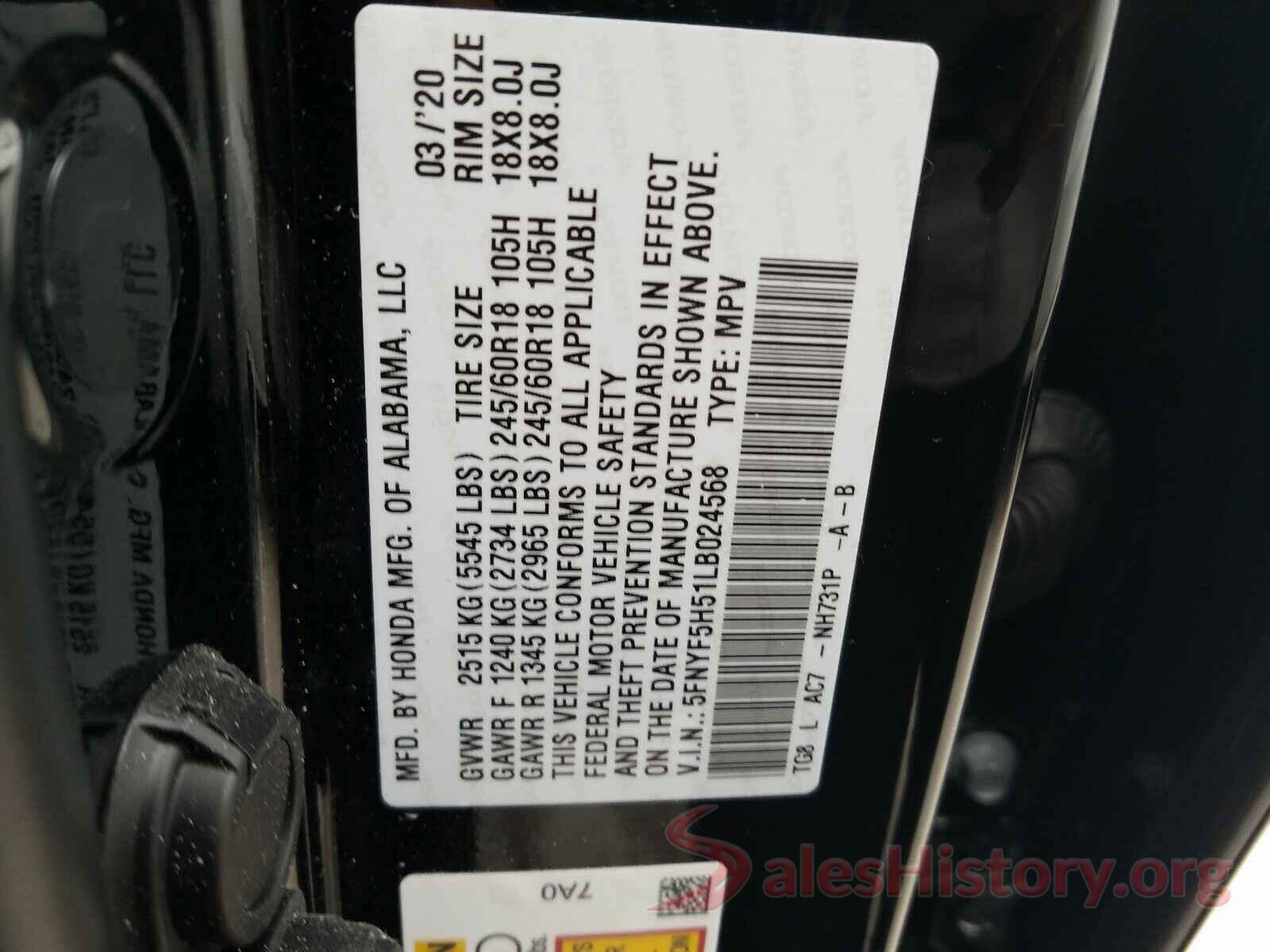 5FNYF5H51LB024568 2020 HONDA PILOT