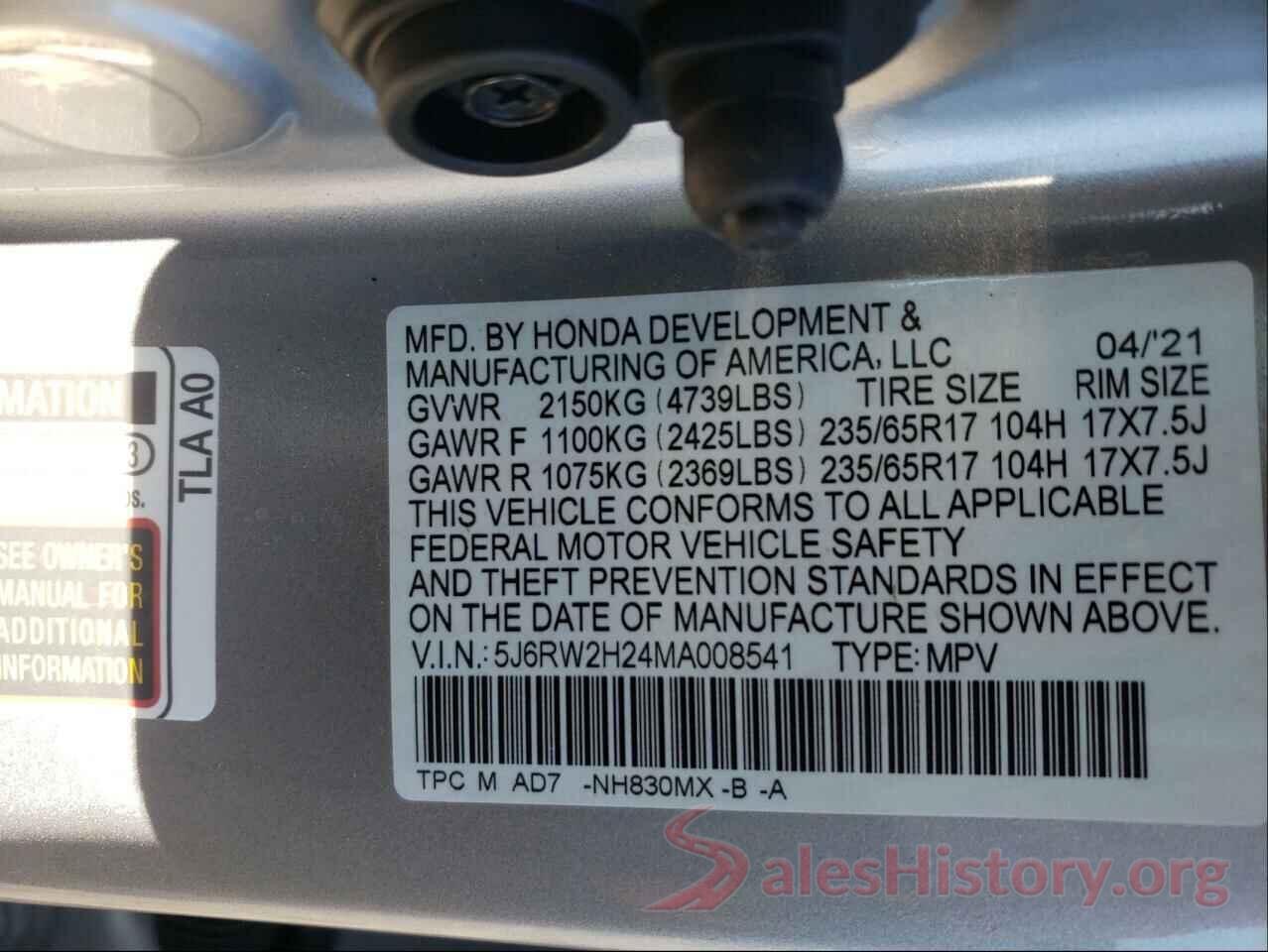 5J6RW2H24MA008541 2021 HONDA CRV