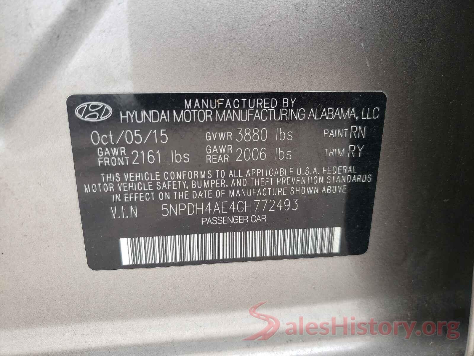 5NPDH4AE4GH772493 2016 HYUNDAI ELANTRA