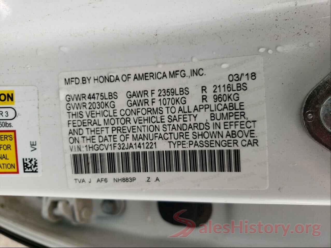 1HGCV1F32JA141221 2018 HONDA ACCORD