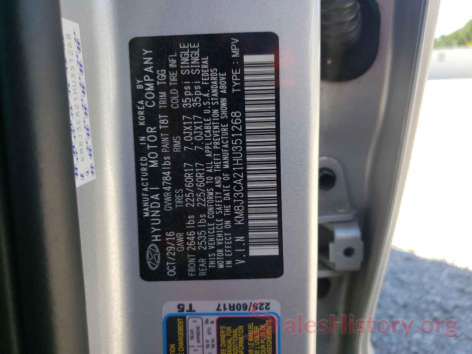 KM8J3CA21HU351268 2017 HYUNDAI TUCSON