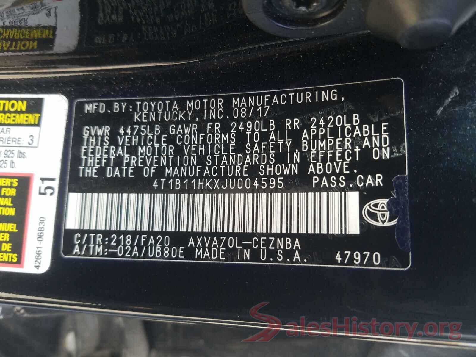 4T1B11HKXJU004595 2018 TOYOTA CAMRY