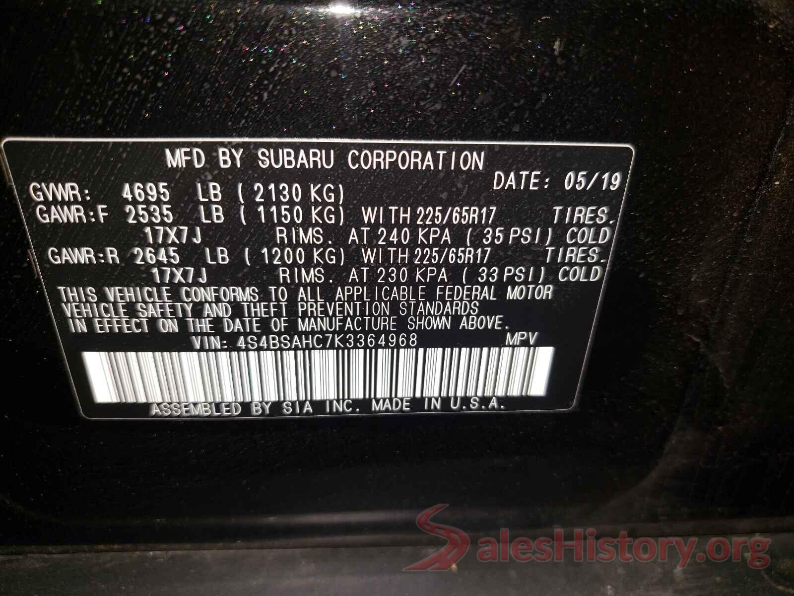 4S4BSAHC7K3364968 2019 SUBARU OUTBACK