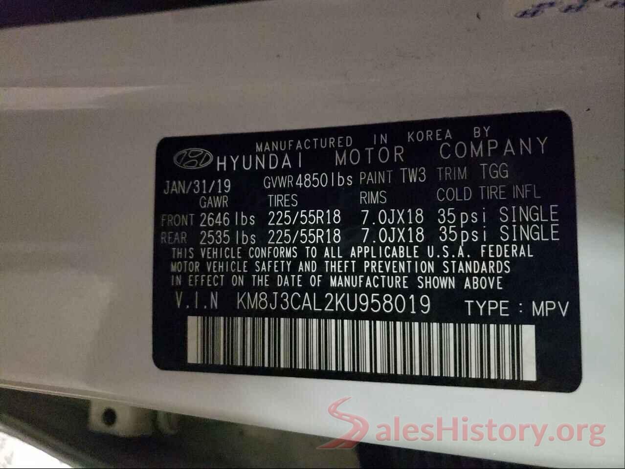 KM8J3CAL2KU958019 2019 HYUNDAI TUCSON