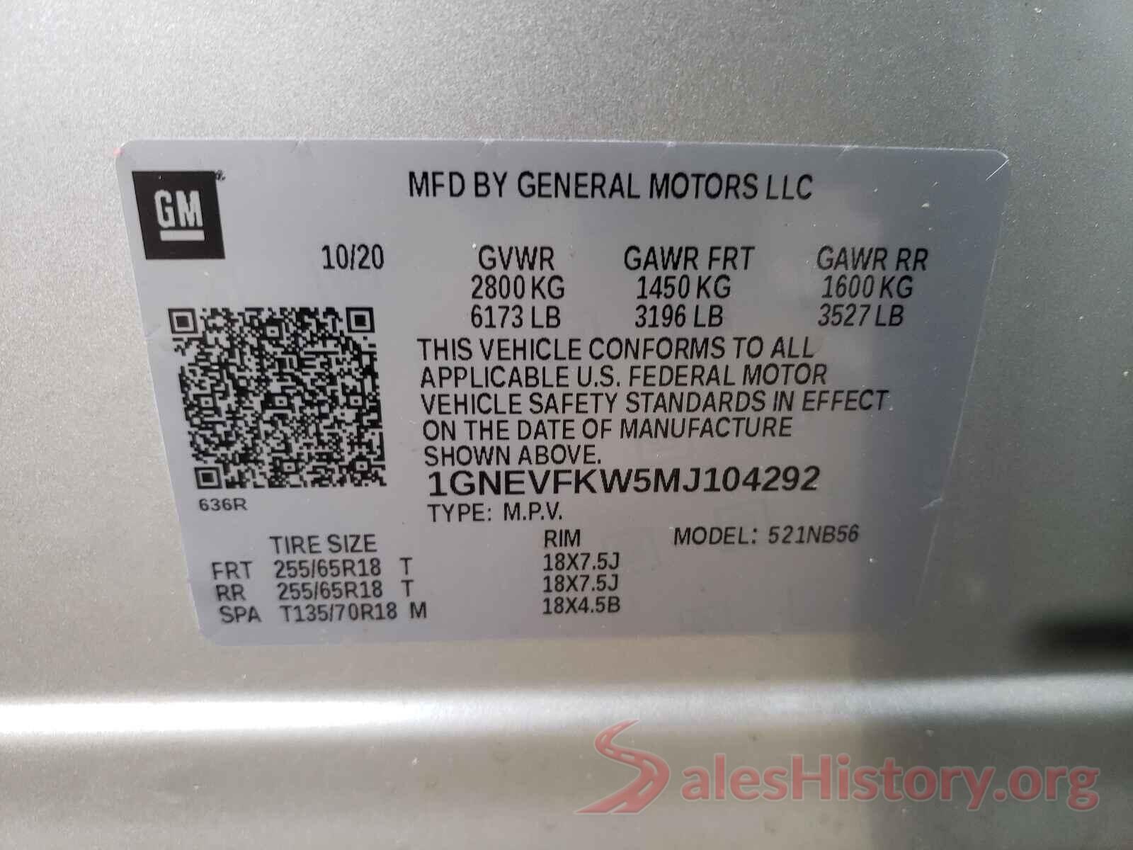 1GNEVFKW5MJ104292 2021 CHEVROLET TRAVERSE