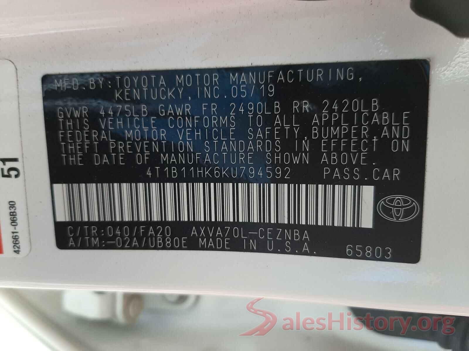 4T1B11HK6KU794592 2019 TOYOTA CAMRY