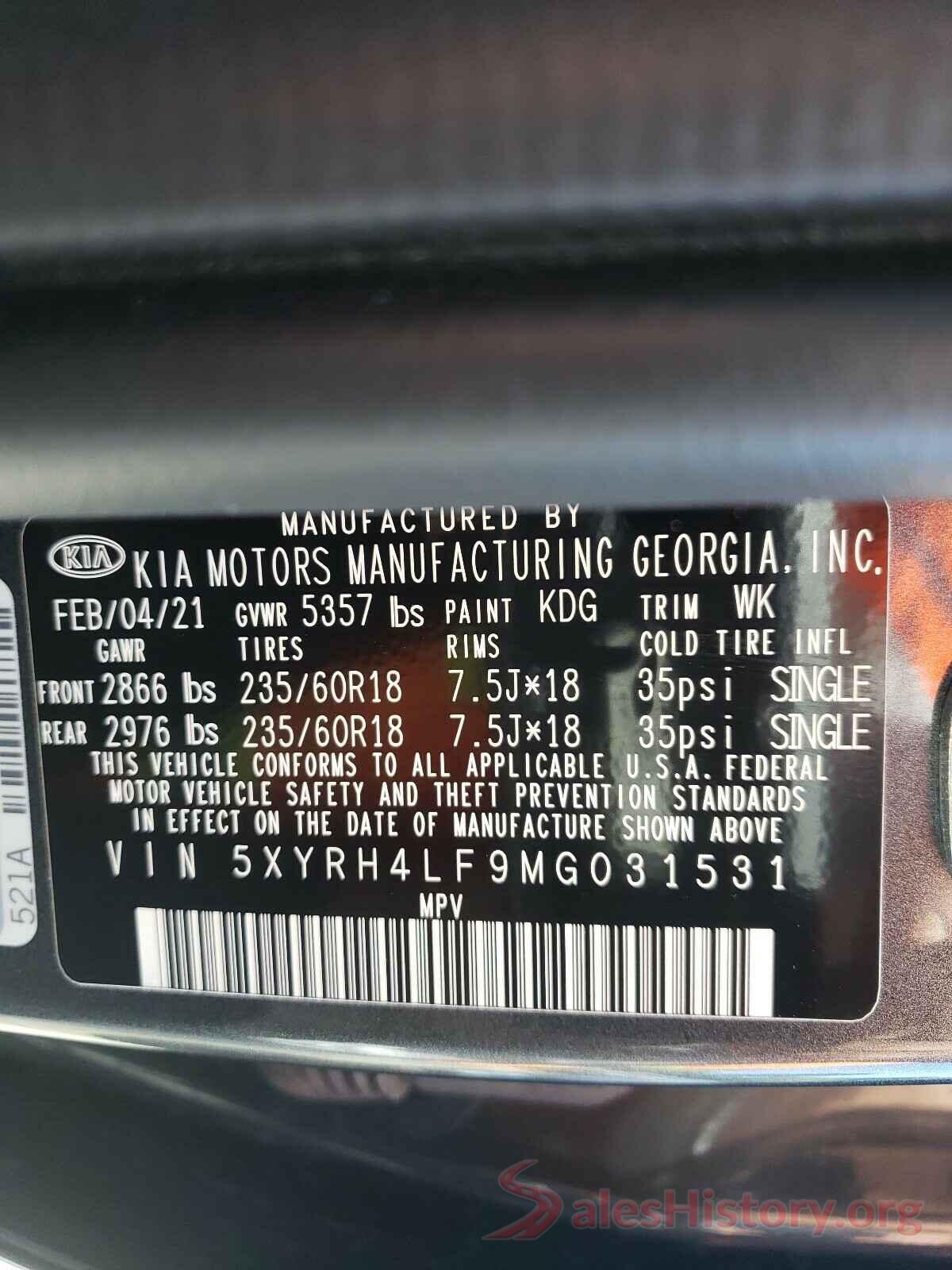 5XYRH4LF9MG031531 2021 KIA SORENTO