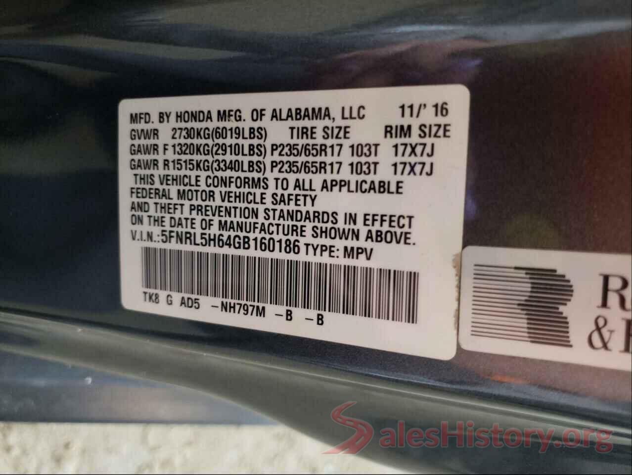 5FNRL5H64GB160186 2016 HONDA ODYSSEY