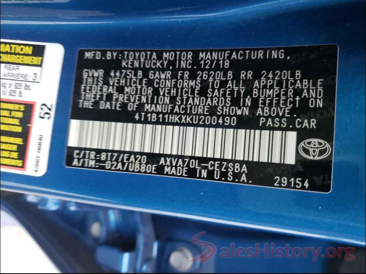 4T1B11HKXKU200490 2019 TOYOTA CAMRY