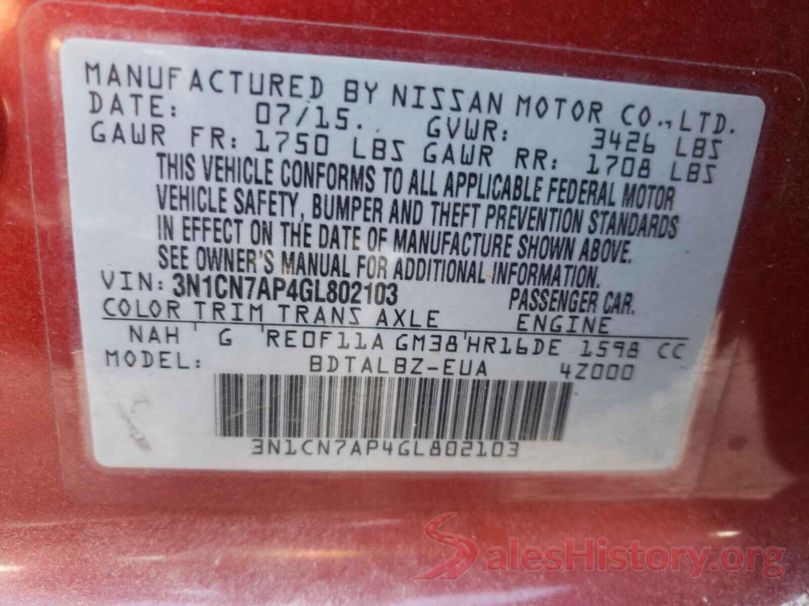 3N1CN7AP4GL802103 2016 NISSAN VERSA