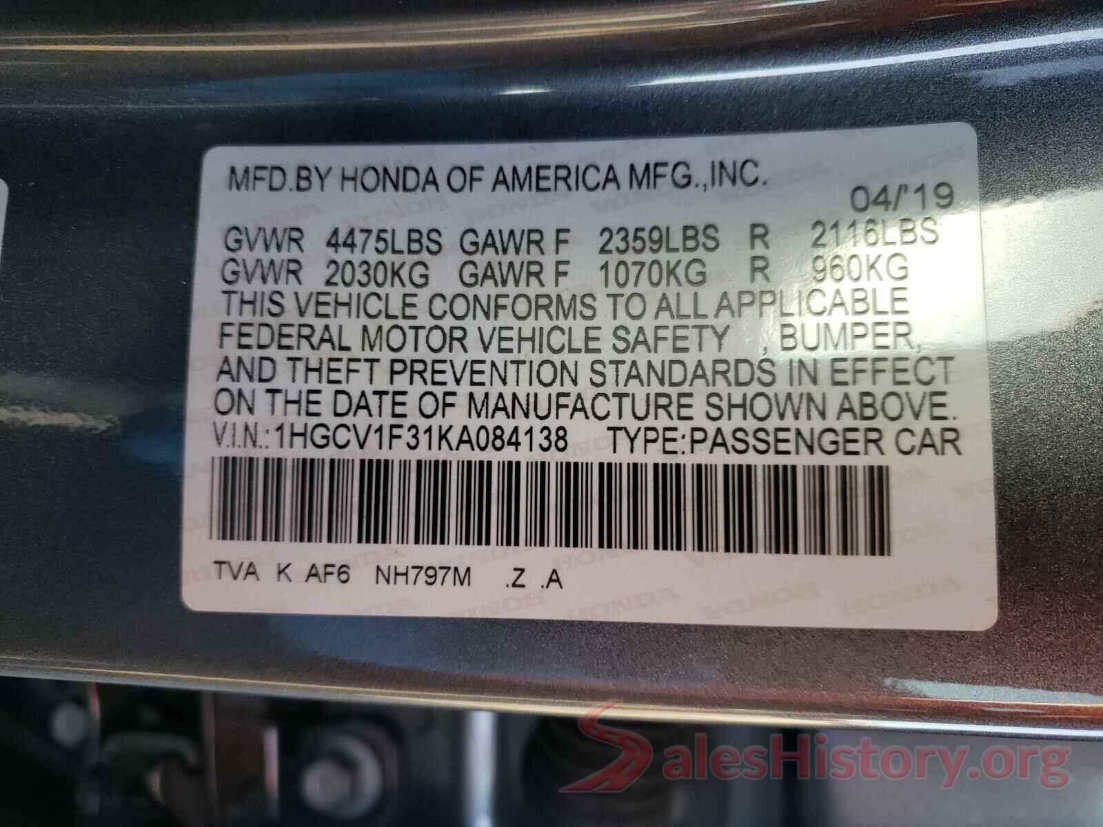 1HGCV1F31KA084138 2019 HONDA ACCORD