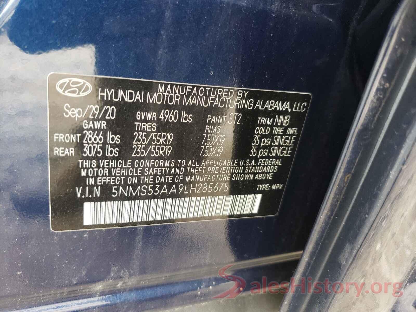 5NMS53AA9LH285675 2020 HYUNDAI SANTA FE