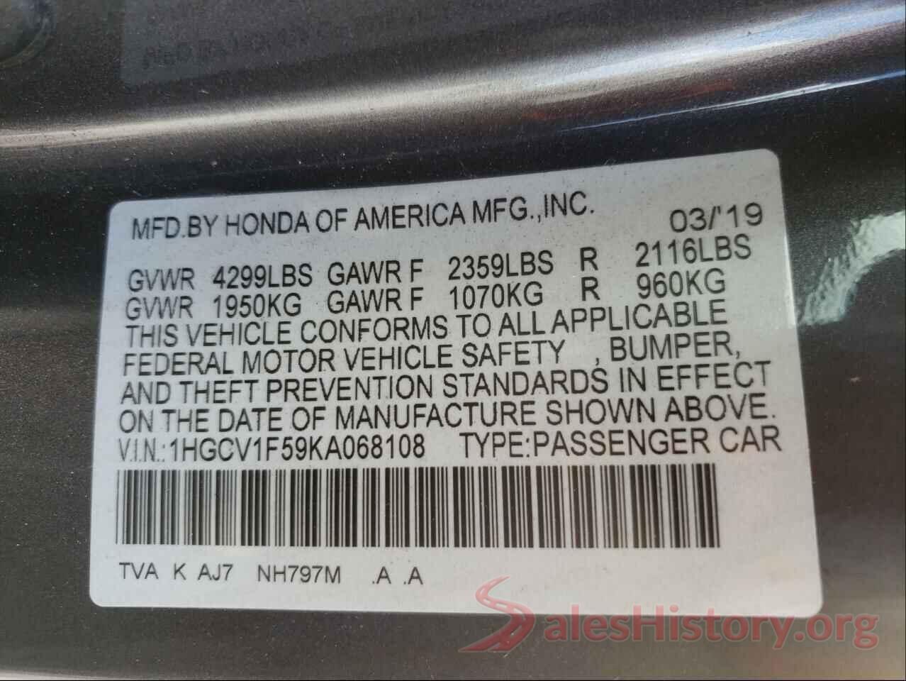 1HGCV1F59KA068108 2019 HONDA ACCORD