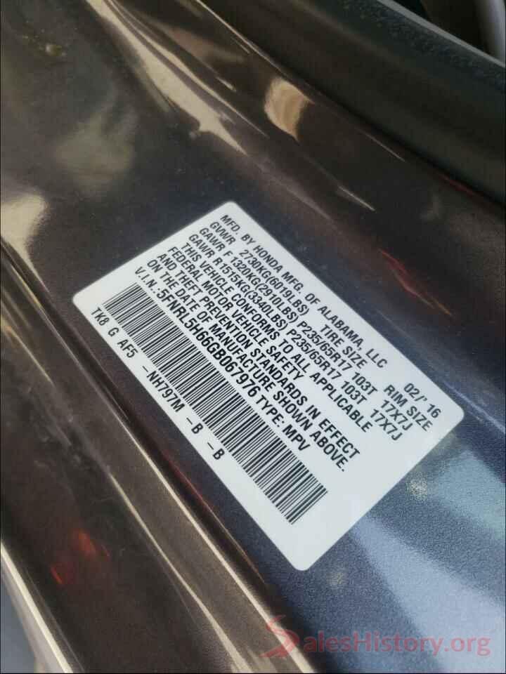 5FNRL5H66GB067976 2016 HONDA ODYSSEY