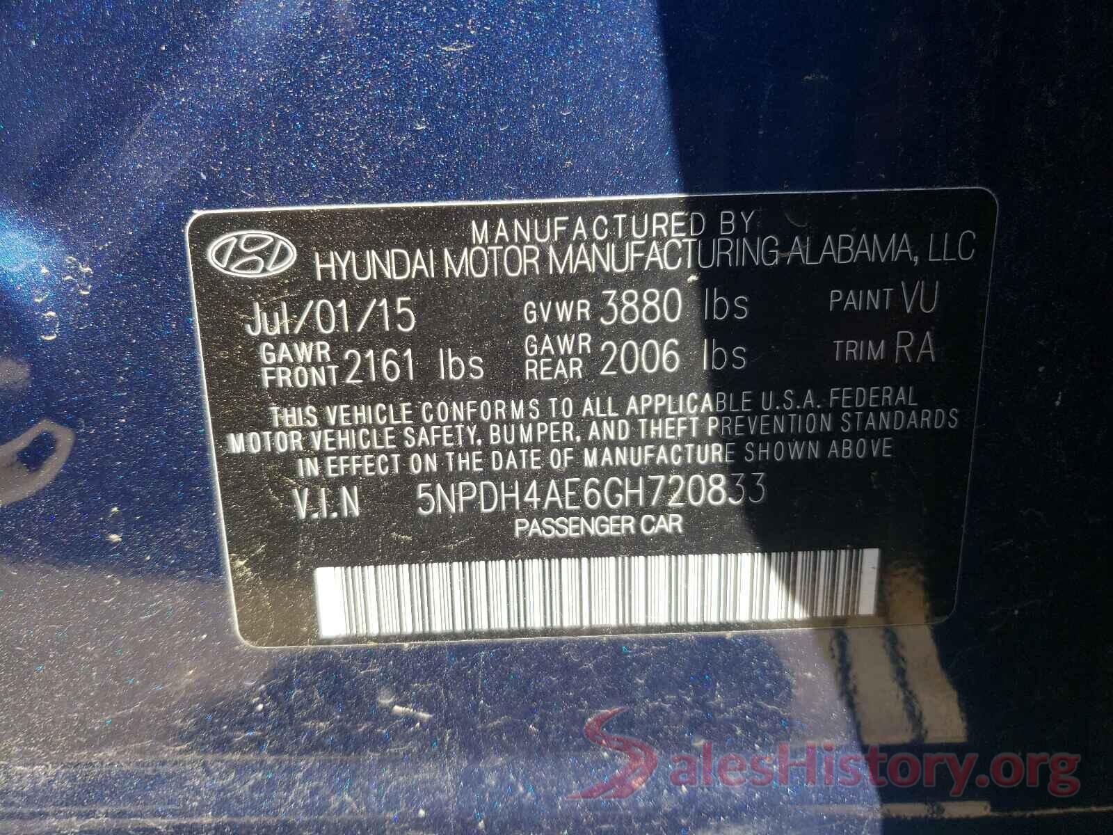 5NPDH4AE6GH720833 2016 HYUNDAI ELANTRA