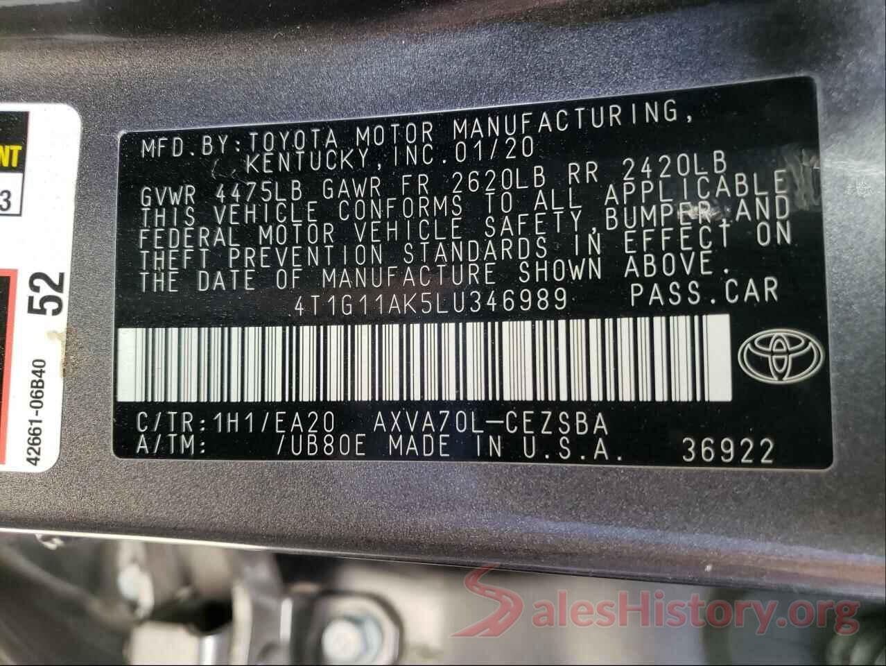 4T1G11AK5LU346989 2020 TOYOTA CAMRY