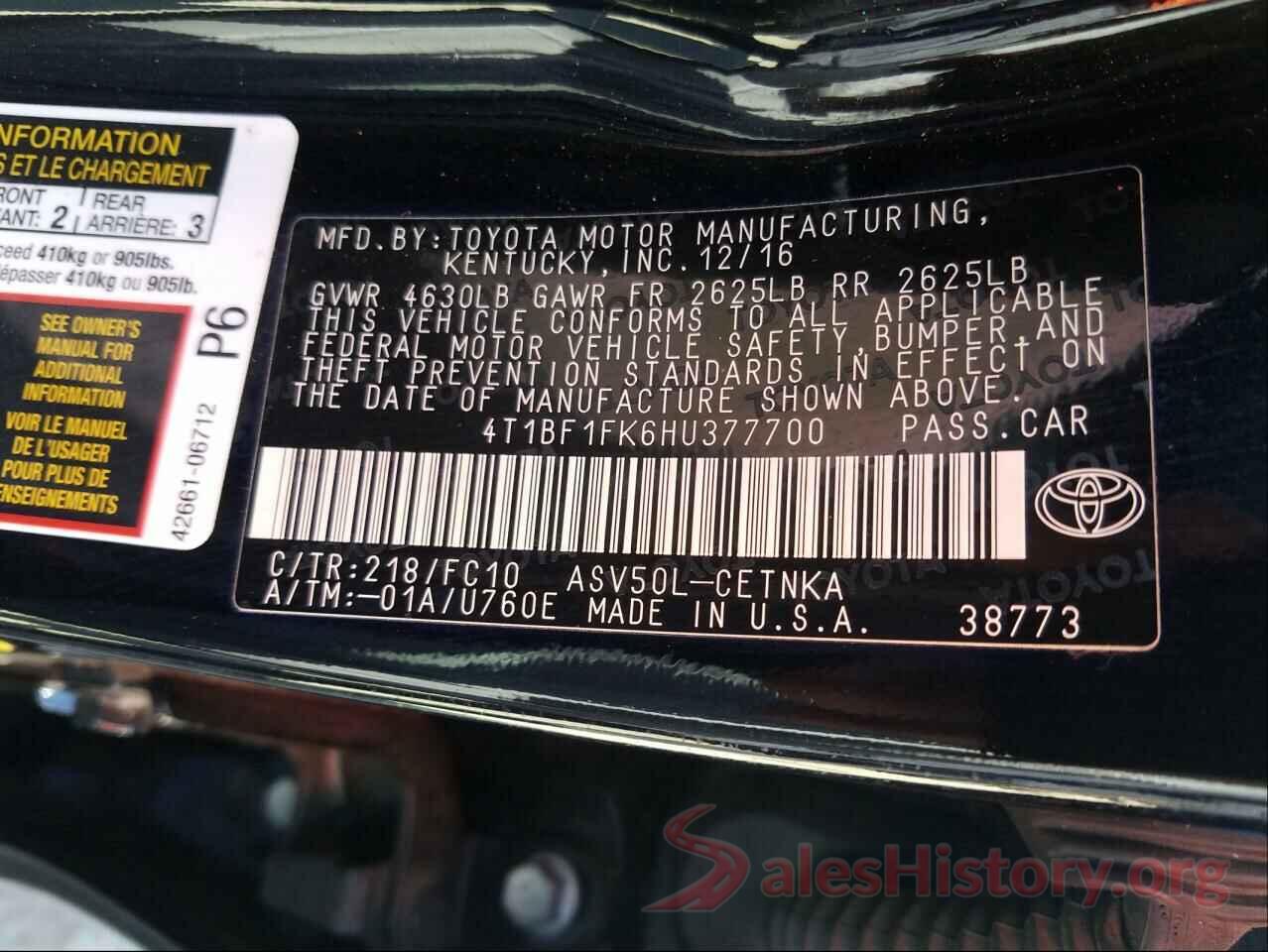 4T1BF1FK6HU377700 2017 TOYOTA CAMRY