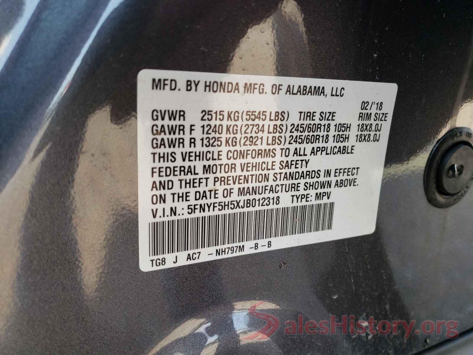 5FNYF5H5XJB012318 2018 HONDA PILOT