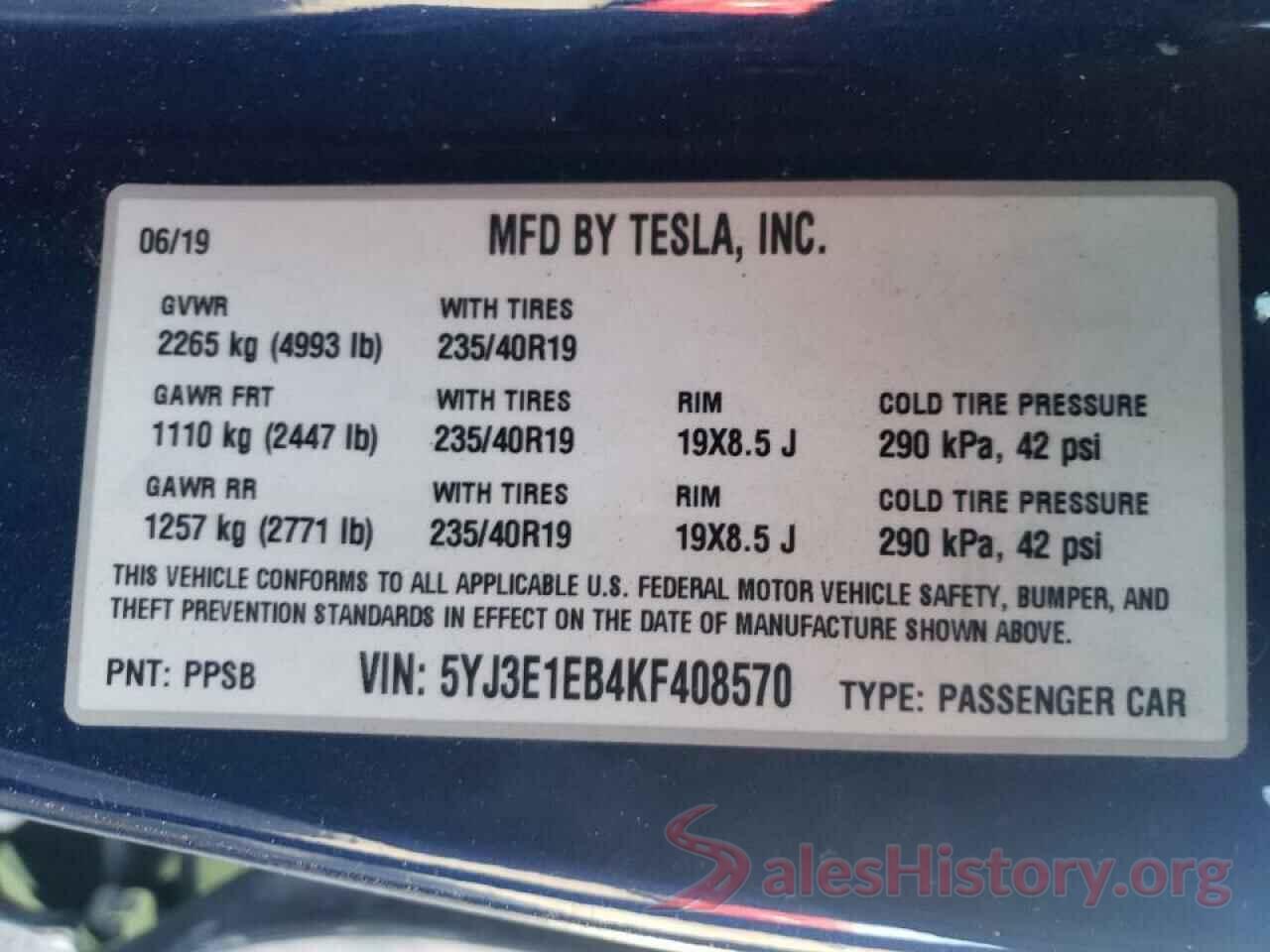 5YJ3E1EB4KF408570 2019 TESLA MODEL 3