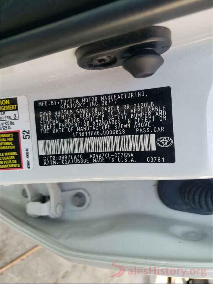 4T1B11HK6JU006828 2018 TOYOTA CAMRY