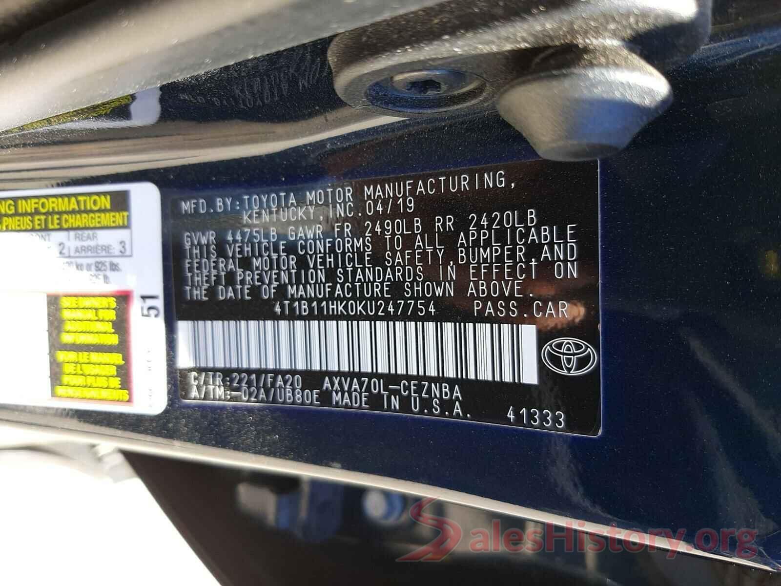 4T1B11HK0KU247754 2019 TOYOTA CAMRY