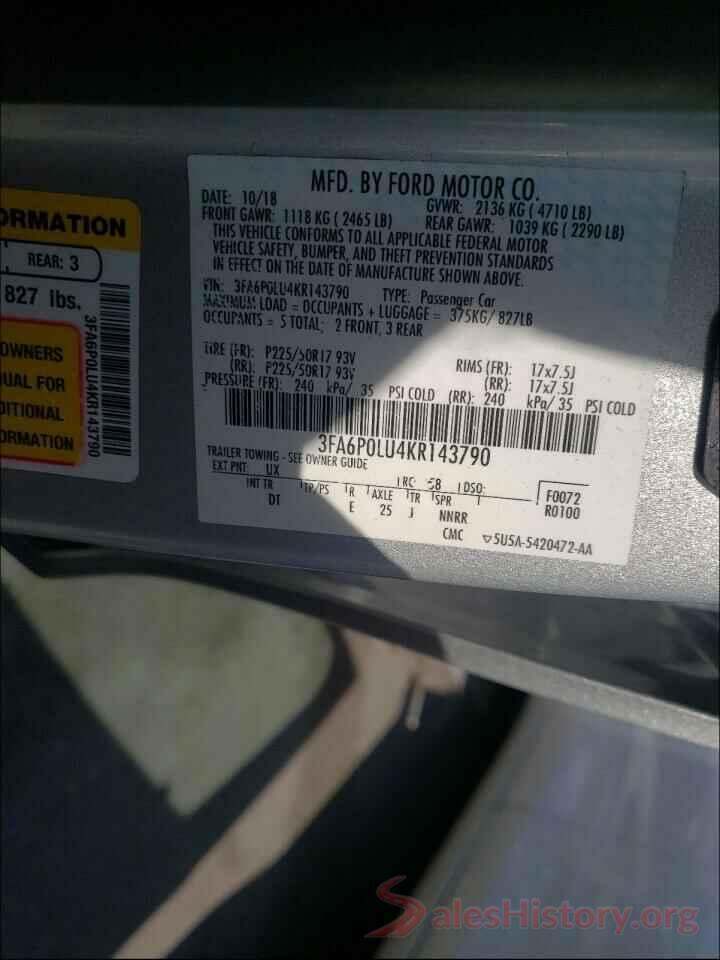 3FA6P0LU4KR143790 2019 FORD FUSION