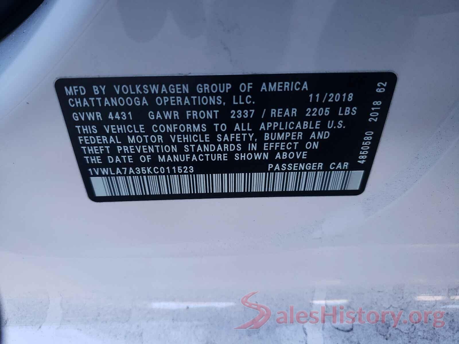 1VWLA7A35KC011523 2019 VOLKSWAGEN PASSAT