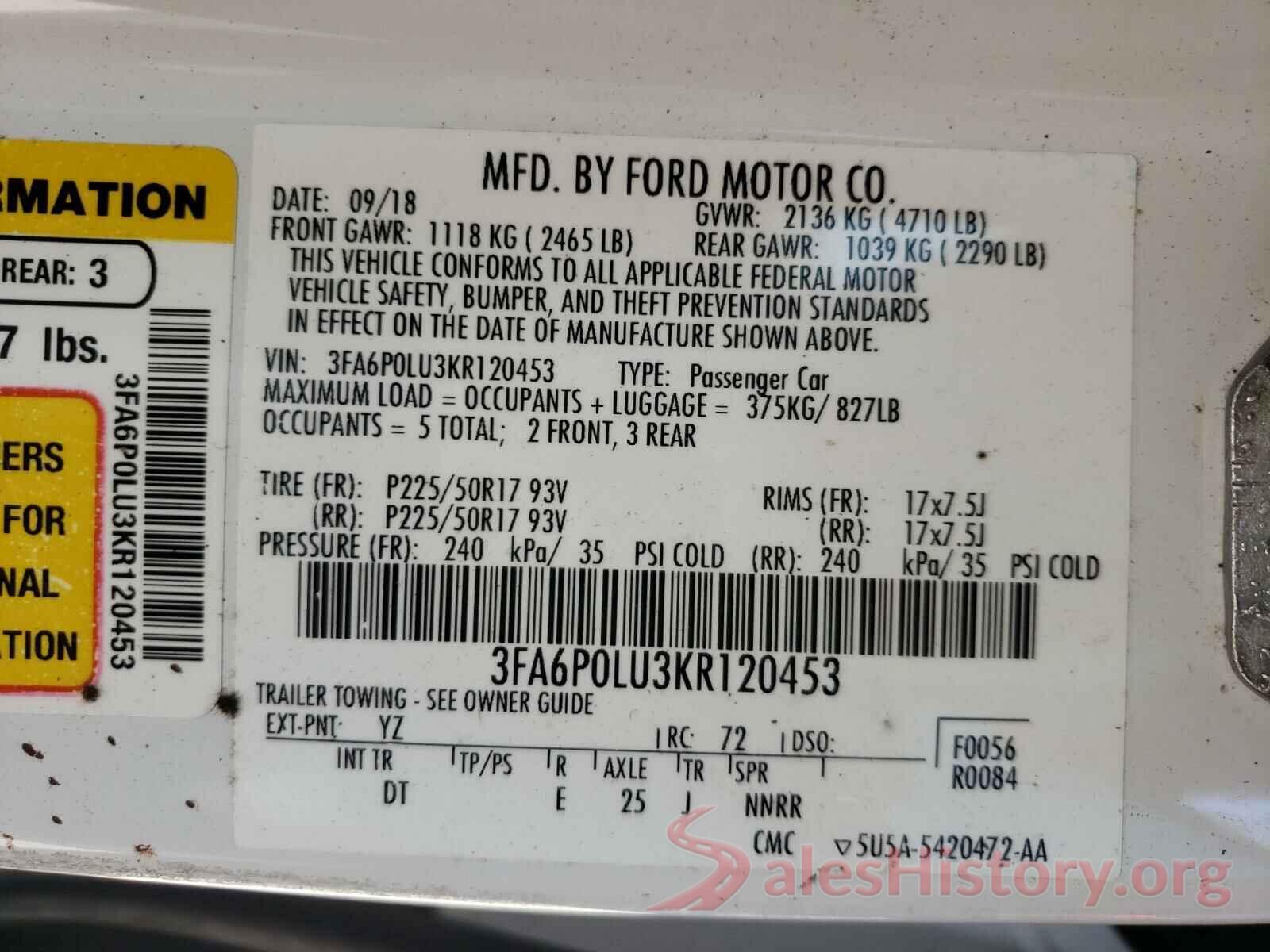 3FA6P0LU3KR120453 2019 FORD FUSION