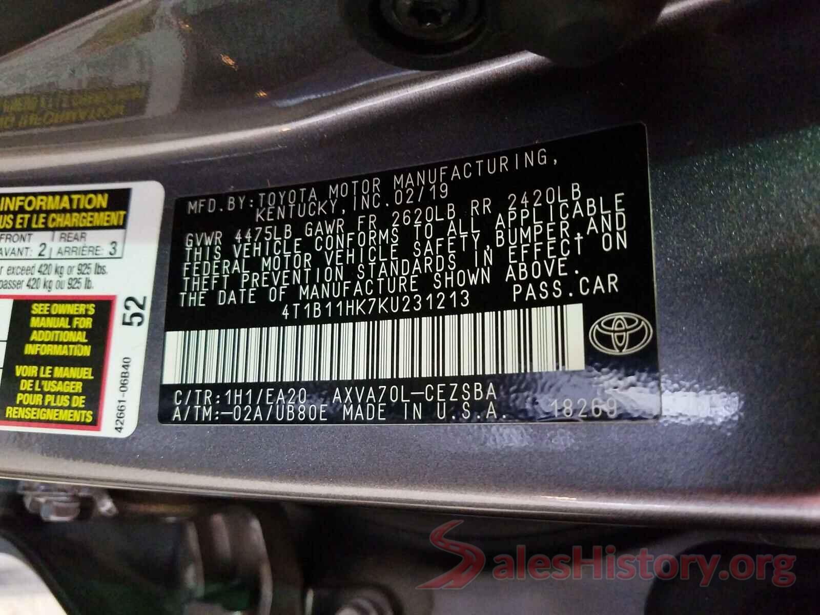 4T1B11HK7KU231213 2019 TOYOTA CAMRY